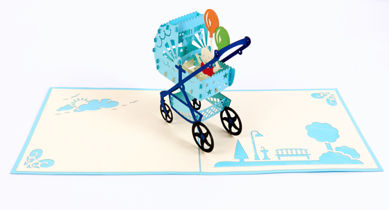 کارت پستال پاپ آپ سه بعدی کالسکه کودک با پاکت سفید چاپ افست رنگی CMYK